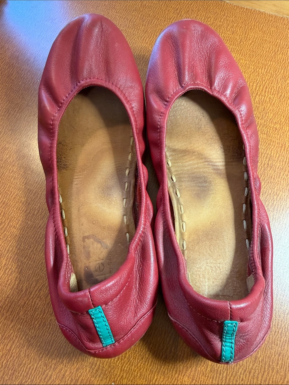 Tieks Red Leather Ballet Flats with Teal Heel Tab - Women